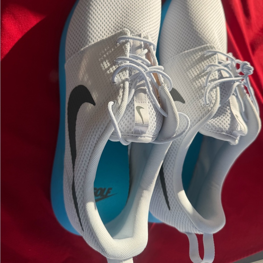 Nike Golf White Mesh Athletic Shoes with Black Swoosh and Blue Sole